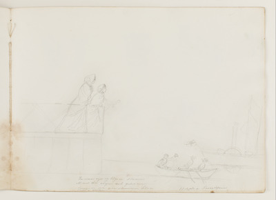 95386015-755c-41f2-8294-f0d36cb4330d.jpg; 2013-0043-TEK/04; Een schets met figuurtjes op een kade, een varende sloep en een boot (vermoedelijke op een Noors fjord), afkomstig uit het nalatenschap van Alexine Tinne.; schetsen (beeldende werken)