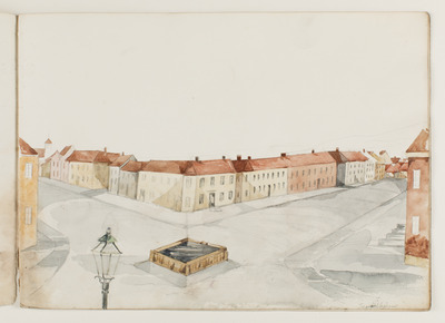9a4148f0-ae4d-4bb1-8777-e79a80156a9c.jpg; 2013-0043-TEK/02; Een aquarel in het schetsboek met een stadsgezicht (vermoedelijk Trondheim), afkomstig uit het nalatenschap van Alexine Tinne.; waterverf