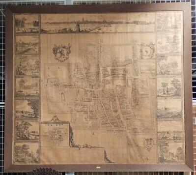 a01b5a75-5532-4b62-b57c-fa8d36a6a183.jpg; 1885-0001-HHI; Kaart van Den Haag, omgeven door gezichten op stad en omgeving; ets (prent)