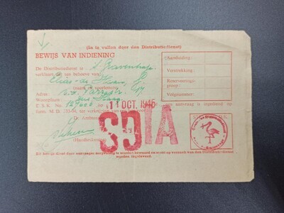 a3ef8fd5-ae02-4092-8be5-36fdffeba121.jpg; 0000-0738-HHI/2; Bewijs van indiening, G. Elias - de Haan, 11-10-1945.; distributiekaart