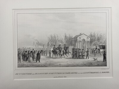 a902fb96-9e17-4558-9b7f-c8cdf068e562.jpg; 1966-0860-PRE; Het vertrek der Haagse Schutterij, onder bevel van den Lt. Col. L. Boreel.; prenten