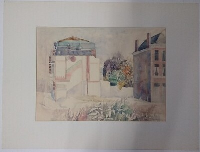 afbf94ea-290d-44d1-85df-d9c4ca615ee7.jpg; 1978-0060-TEK; Aquarelschildering van een doorkijkje tussen huizenblokken.; waterverf