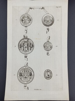 bda257d5-e540-4697-b892-7791ea1e09cc.jpg; 0000-0058-HHI; Blad met vijf stadszegels en het zegel van de weeskamer van Den Haag.; prenten