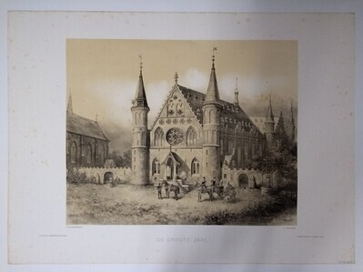 be5e2afa-c584-4d77-bc51-2852872859b5.jpg; 1982-0527-PRE/1; Het Binnenhof, gezicht op de Ridderzaal, reconstructie Middeleeuwse toestand.; prenten