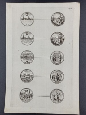 bf35696a-d16e-4fa2-977e-ceedeca76c47.jpg; 0000-0060-HHI; Blad met voor- en keerzijde van vijf Haagse vroedschapspenningen.; prenten