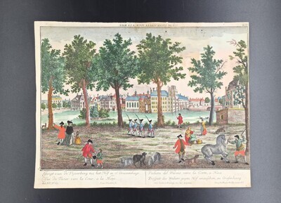 c2565b69-fd81-4801-9d6b-7b7966173790.jpg; 0000-0256-HHI; Ingekleurde ets voorstellende een gezicht op de Vijverberg na het hof in 's-Gravenhage.; prenten