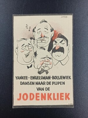 c9bad209-3a1f-4396-8f87-47711e91d3fa.jpg; 0000-0718-HHI/l; Spotprentje 'Yankee-Engelsman-Bolsjewiek dansen naar de pijpen van de Jodenkliek'.; spotprent