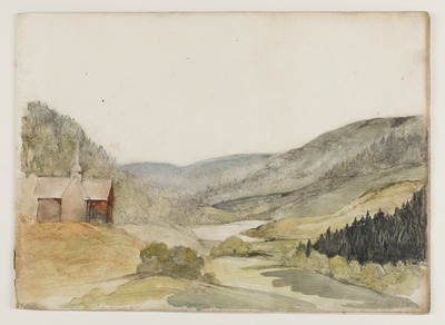d32d6d48-4ff2-4d60-baa6-4a2cc725f1a9.jpg; 2013-0043-TEK/01; Aquarel met een landschap (vermoedelijk Noorwegen) uit een katern uit een schetsboek, afkomstig uit het nalatenschap van Alexine Tinne.; waterverf