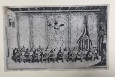 d71076d8-dc76-4341-9eae-778f0b784377.jpg; 0000-0016-HHI/a-b dubbel; Zitting der onderhandelaars voor het Bestand in de Trèveszaal, 6 februari 1608.; prenten