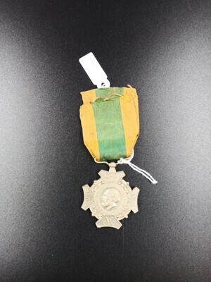 d7b23d47-9215-4ad8-ae9c-09ea0c382e64.jpg; 0000-0220-PEE; Medaille aan geel-groen zijden draaglint, met Willem III afgebeeld, ter ere van 'krijgsverigtingen'.; medailles