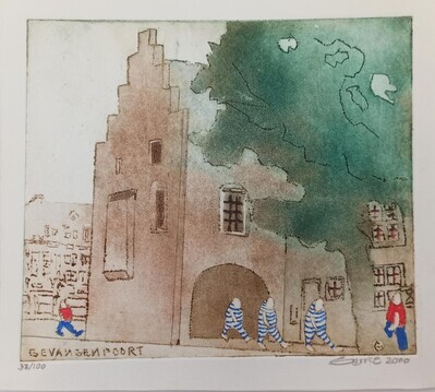 e04aa4e1-214e-4a76-a498-14bb59e03060.jpg; 386; Gezicht op de gevangenpoort; etsen (prenten)