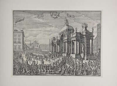 e0ea2e1d-0944-4274-9ec0-0816392e3ef9.jpg; 1966-0856-PRE; Entree van Willem III door de erepoort op het Buitenhof, 1691.; prenten