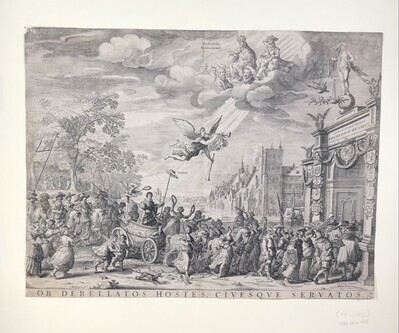 e0f8ff17-d4b8-4190-b4e4-e79a01c28ecb.jpg; 1862-0010-HHI; Zinneprent op Frederik Hendrik. 'Ob debellatos hostes civesque servatos'.; prenten