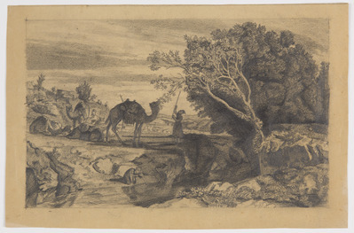 e39f76ac-2fe4-4860-93d3-30497dc7300e.jpg; 2013-0018-TEK; Rustend reisgezelschap met kamelen; tekeningen