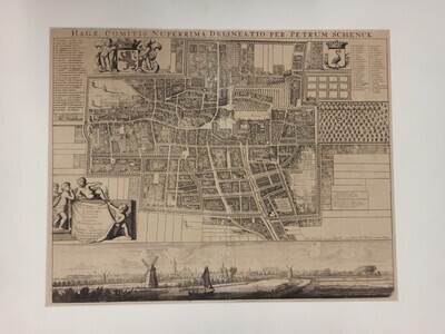 e4bb4224-7e04-407c-8035-3ba6b45ccffc.jpg; 0000-0034-HHI; Kaart van Den Haag met een gezicht op de stad van de Trekvliet af gezien.; topografische kaarten