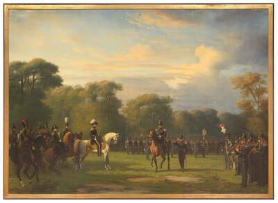 f06019af-17f3-4c11-8393-62dc2a2f5029.jpg; 0000-0080-SCH; Inspectie Schutterij door Koning Willem II.; schilderingen