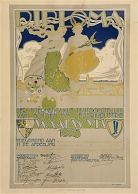 2808985e-307c-4a18-b0fb-fba83bfc7605.jpg; 92213; Diploma, toegekend aan de Waalwijksche Chroomlederfabriek Van Dooren-de Greeff voor de afdeling Technisch Leder tijdens de Internationale tentoonstelling van schoen en lederindustrie Waalwijk 1925. Bij dit diploma hoorde een gouden medaille; diploma
