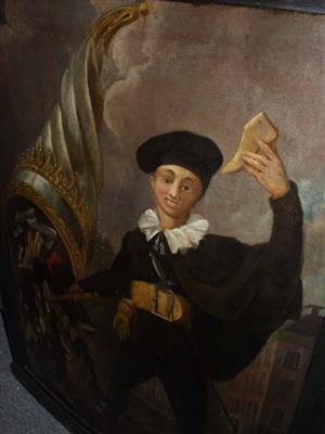 85058.jpg; 85058; Olieverf schilderij op hout, met een afbeelding van Sint Crispijn (Krispijn), patroon van de schoenmakers; schilderij