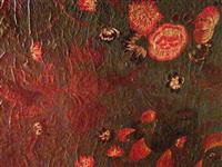 93107.1.jpg; 93107; Drieslags kamerscherm met bloemmotief gebaseerd op 17de eeuws patroon van de vijf zintuigen naar een patroon van de Amsterdamse goudleermaker Maarten van de Heuvel.; kamerscherm