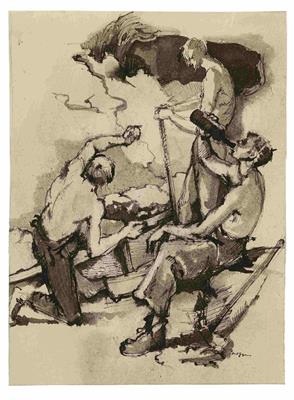 0169643d-01b9-453d-a9f8-5562d13724ce.jpg; 33; Arbeitspause beim Verladen der Salzblöcke "vor Ort" auf die Schüttelrutsche | Work Break from the On-Site Loading of the Salt Blocks onto the Shaker Conveyor; Zeichnung | Drawing