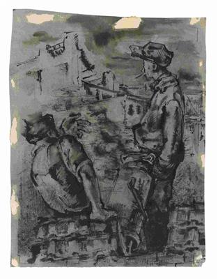 150f0a9f-a336-43fc-92eb-401a7c7a75ec.jpg; 35; Arbeiter auf dem Dach | Workers on the Roof; Zeichnung | Drawing