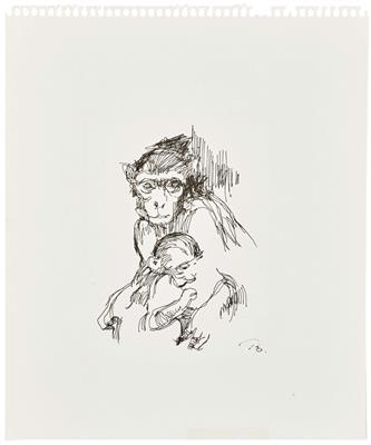66ebc08d-f291-4ba0-9f9e-110d27f5b4bd.jpg; 939; Affenmutter mit Baby | Mother Monkey with Baby; Zeichnung | Drawing
