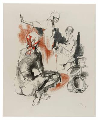 88d08d86-f232-44d7-885f-c2a98adf207c.jpg; 836; Market Day (Rote Blume Afrika XIX) | Market Day (Red Flower Africa XIX); Zeichnung | Drawing