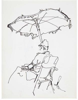 aec8e1fd-13e3-435d-971d-342a0230e4f4.jpg; 1057.5; Mann im Stuhl unter Sonnenschirm | Man in a Chair under a Sunshade - Skizzenbuch | Sketchbook 1; Skizzenbuch | Sketchbook