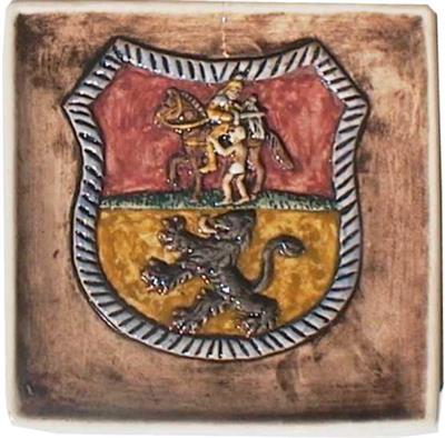 CE0911.jpg; CE0911; tegel met St Martinus + bedelaar/ klimmende leeuw; tegel