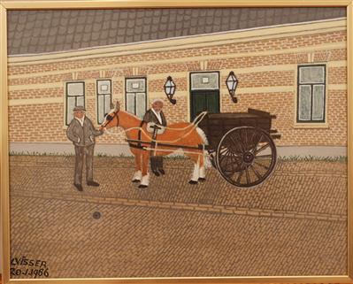 04122b.jpg; 04122; primitief schilderij "Mannen en Paard."; schilderij