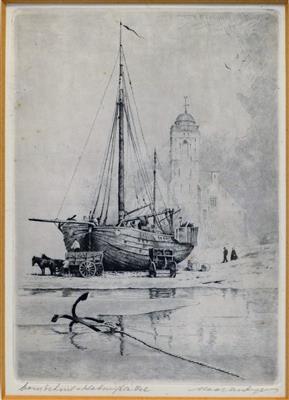 132787.jpg; 132787; Ets (vermoedelijk) van een bomschuit op het strand van Katwijk; ets