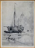 132787b.jpg; 132787; Ets (vermoedelijk) van een bomschuit op het strand van Katwijk; ets