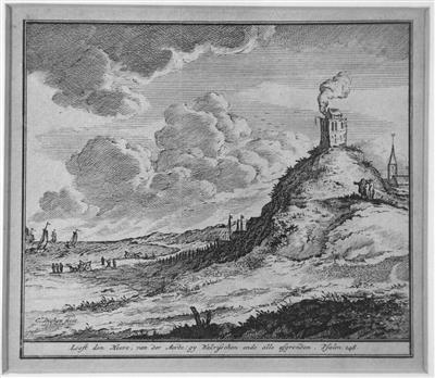 30132.jpg; 30132; Zee en kust bij Zandvoort met vuurplaats op het duin.; ets