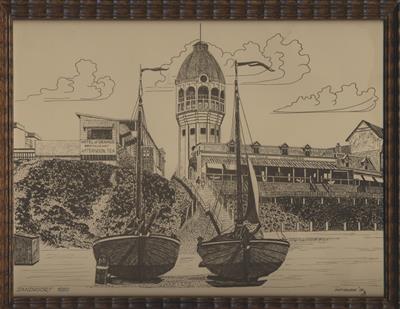 b7fc6262-747a-4165-bbb7-85a12fcf71a6.jpg; 16617; Strandzicht met boten met op de achtergrond watertoren; Pentekening