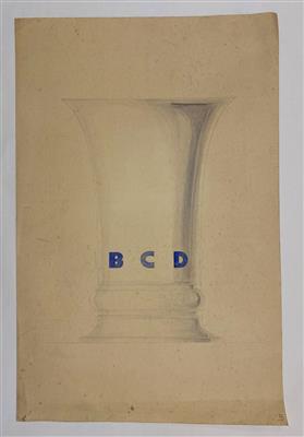 25018.jpg; 25018; Ontwerptekening van een beker met blauwe letters BCD; ontwerptekening